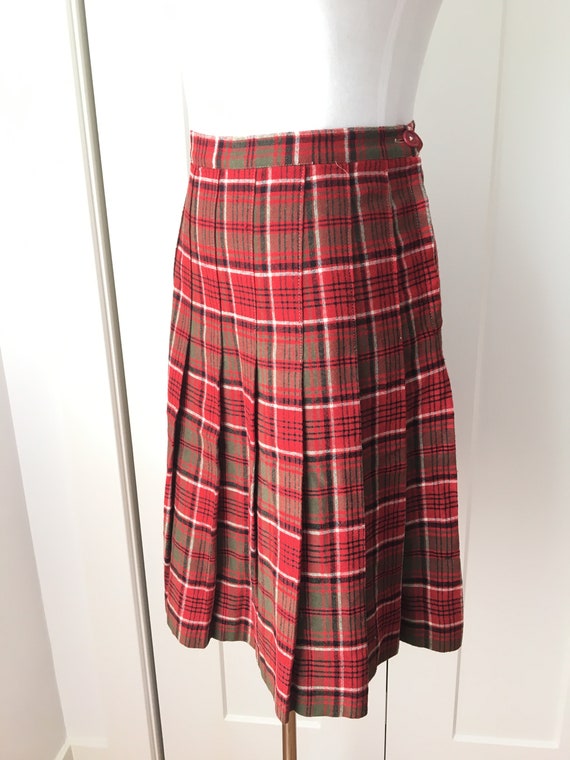 M L 40s 50s Plaid Wool Pleated Skirt Red Green Bl… - image 3