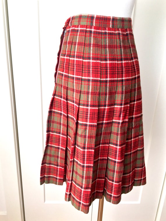 M L 40s 50s Plaid Wool Pleated Skirt Red Green Bl… - image 4