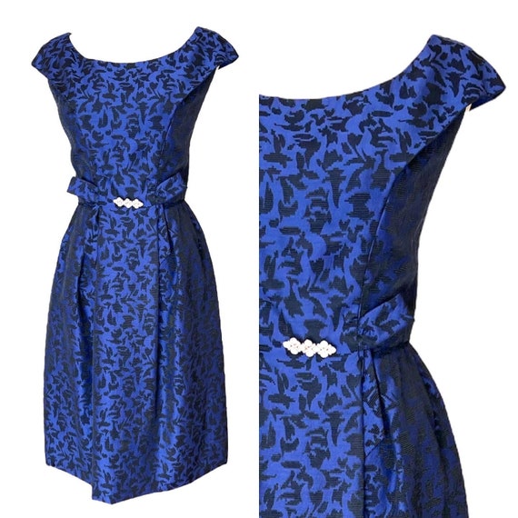 S M 50s 60s Cocktail Dress Blue Black Brocade Abs… - image 1