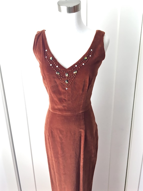 XS S 50s 60s Long Dress Velvet Beaded Brown Maxi … - image 1