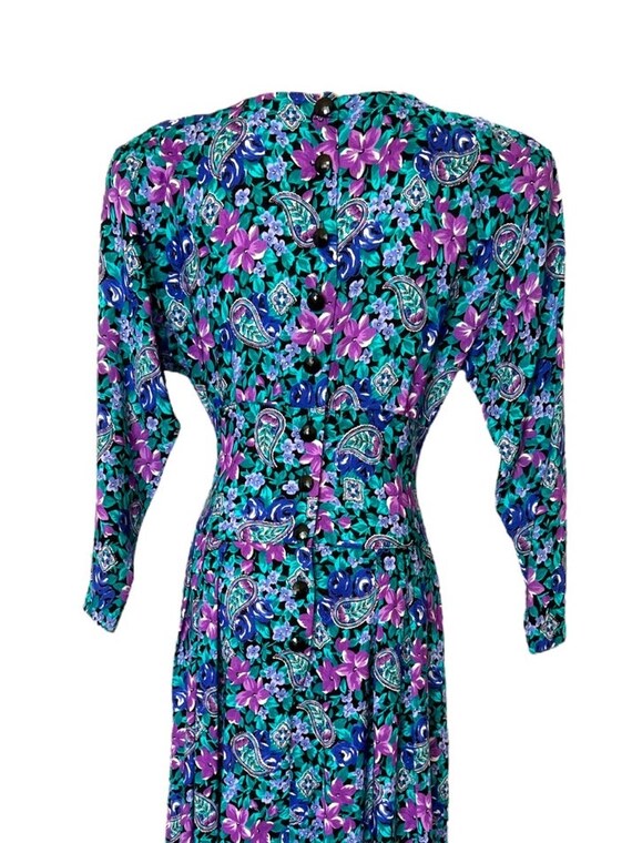 S M 80s Dress Blue Black Pink Floral Paisley Butt… - image 7