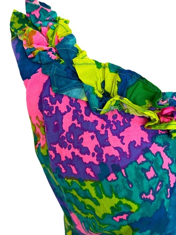 M 60s Psychedelic Print Tiki Dress Green Blue Hot… - image 3