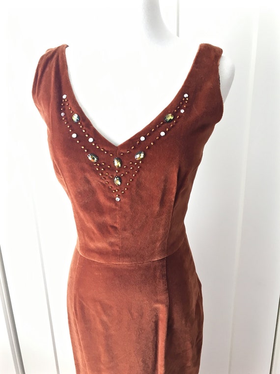 XS S 50s 60s Long Dress Velvet Beaded Brown Maxi … - image 2