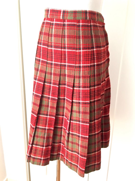 M L 40s 50s Plaid Wool Pleated Skirt Red Green Bl… - image 1