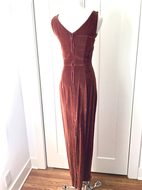 XS S 50s 60s Long Dress Velvet Beaded Brown Maxi … - image 6