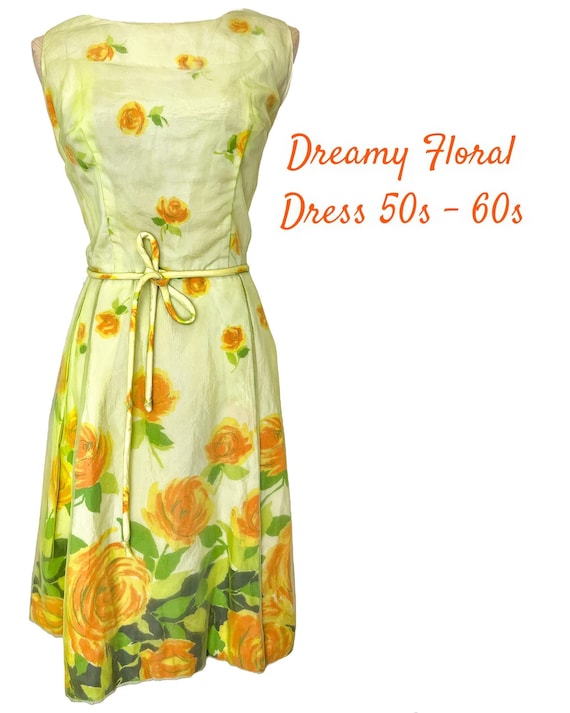 M 50s 60s Chiffon Floral Party Dress Cocktail Fan… - image 1