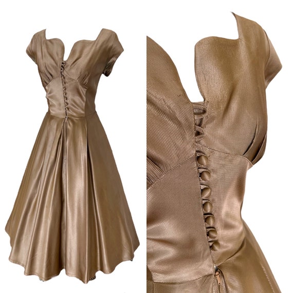 M 40s 50s Vintage Dress Taupe Tan Brown Full Skir… - image 1