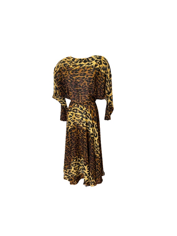 M 70s 80s Leopard Print Dress Batwing Brown Tan B… - image 3
