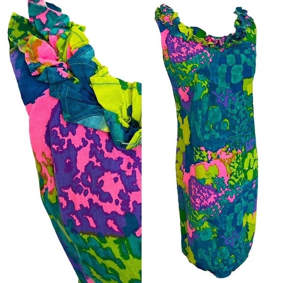 M 60s Psychedelic Print Tiki Dress Green Blue Hot… - image 1