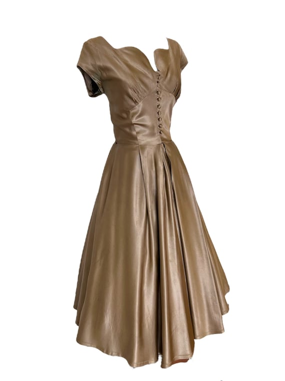 M 40s 50s Vintage Dress Taupe Tan Brown Full Skir… - image 4