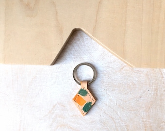 Painted Leather diamond key ring / light tan / charm / key fob / mustard yellow coloured edges / keyring  / can be personalised