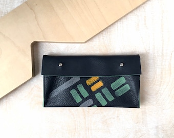Cartera / monedero de piel de becerro azul marino con bolsillo con cremallera y sección interior para tarjetas / bordes verde menta / monedero plegable / cartera origami