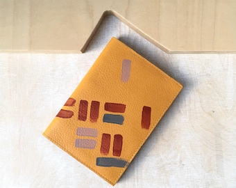 Hand painted PASSPORT HOLDER with triangle design on inside and grey painted edges / Travel wallet / document holder / yellow