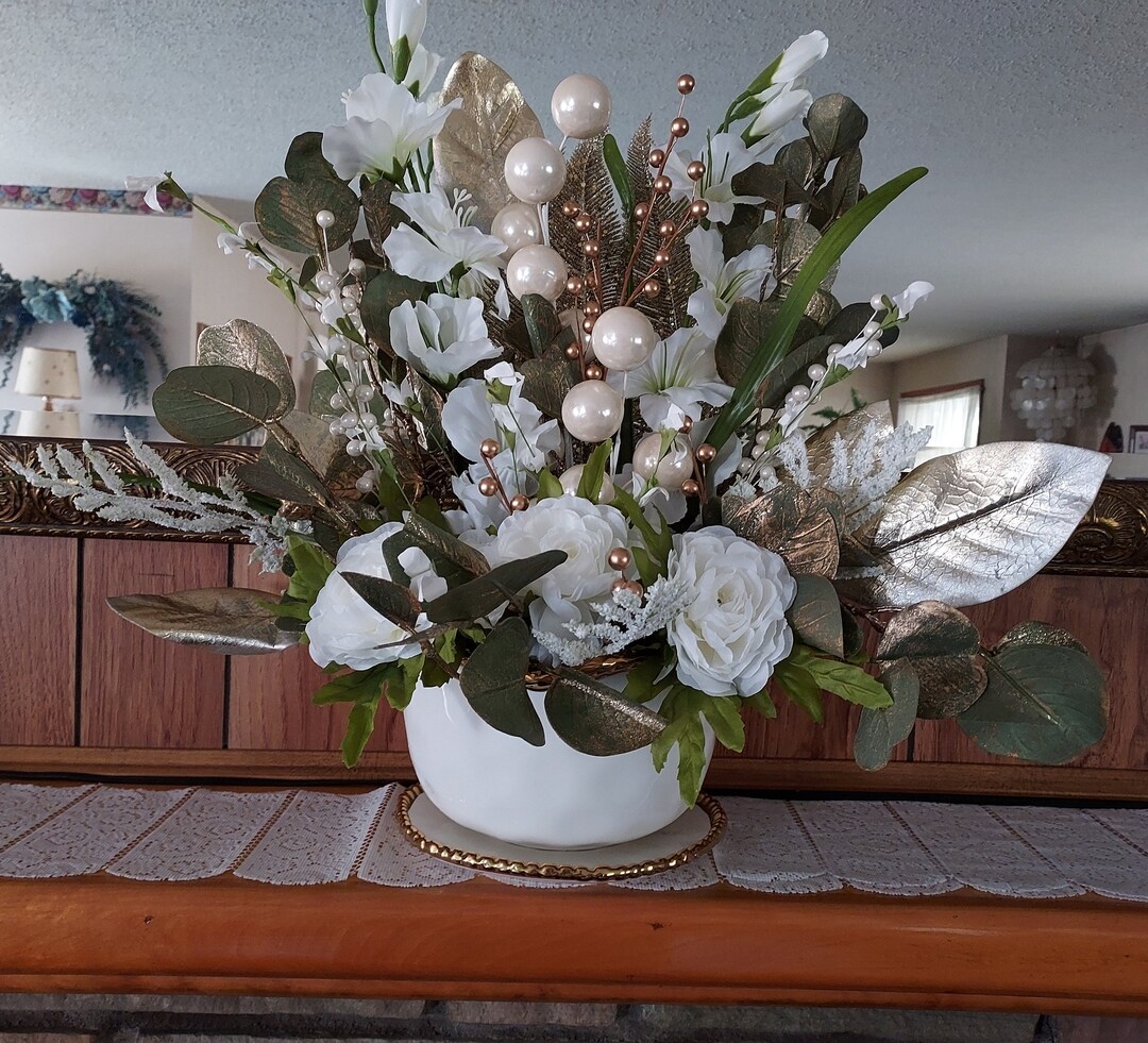 White and Gold Silk Flower Arrangement Centerpiece. Etsy