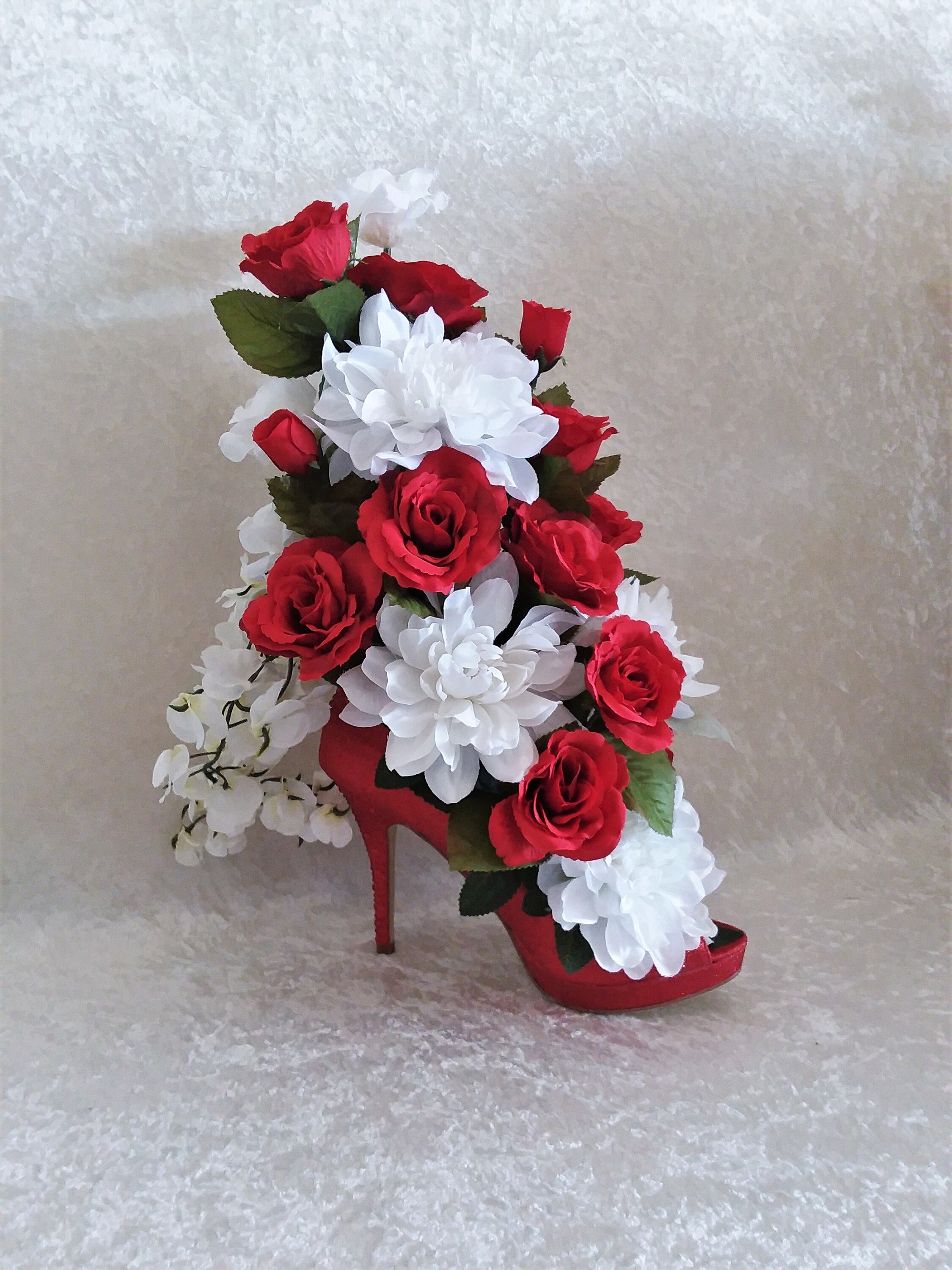 Silk Flower Arrangement in a Red High Heel Shoe Silk