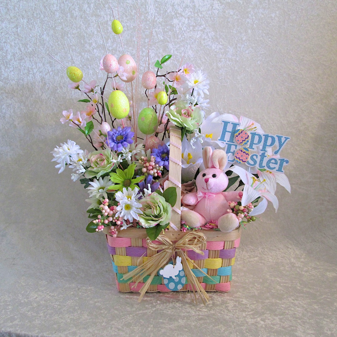 Easter Silk Flower Arrangement Pink Easter Bunny Basket Silk Etsy