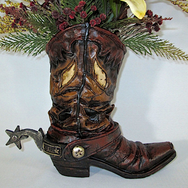 Silk Floral Arrangement Resin Cowboy Boot Vase with Brown and Etsy
