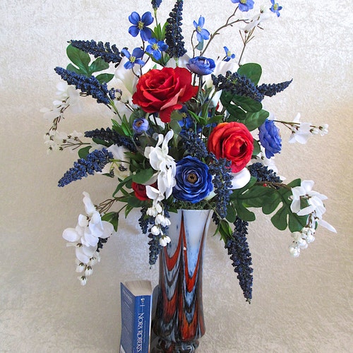 Silk Flower Arrangement in a Tall Blue and Orange shops Glass Vase with Blue and Orange Roses, Large Centerpiece, Home Decor, Silk Floral Arrange