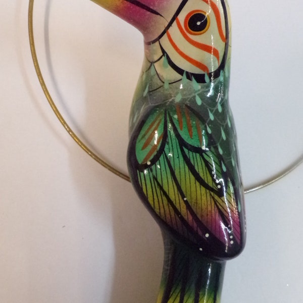 Medium Toucan Parrot On a Hanging Wire Frame,  Hand Made, Hand Painted, Beautiful, Ceramic, Pottery, Patio Yard Art.  FREE SHIPPING