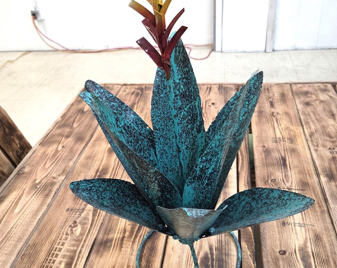 Featured listing image: Beautiful 21" Tall Metal Agave with Flower Stem • Mexican Artisan Garden Sculpture • Rustic Yard Art