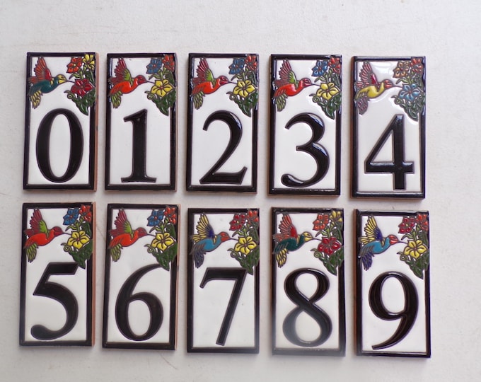 Hummingbird Tile Address Numbers, Hand Made, Hand Painted, 3"x 6" Talavera Ceramic #'s. FREE SHIPPING! Frames Also Available