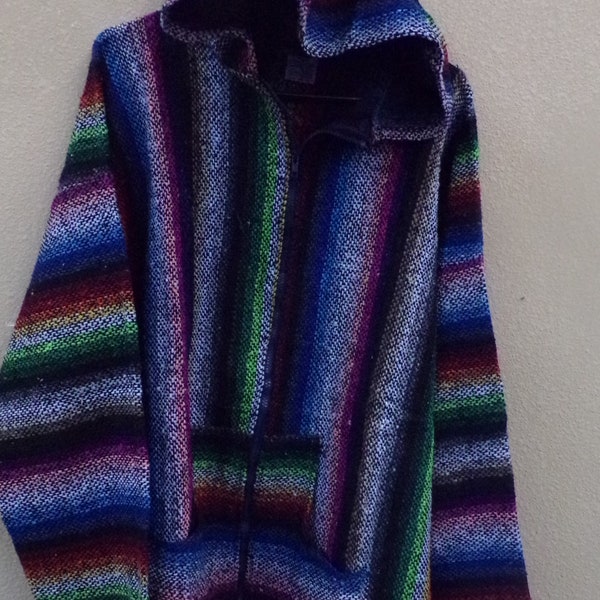 Beautiful 2X Sized Zipper Hand Woven Hoodie Baja Poncho, Drug Rug,  As Pictured Here, Awesome!!