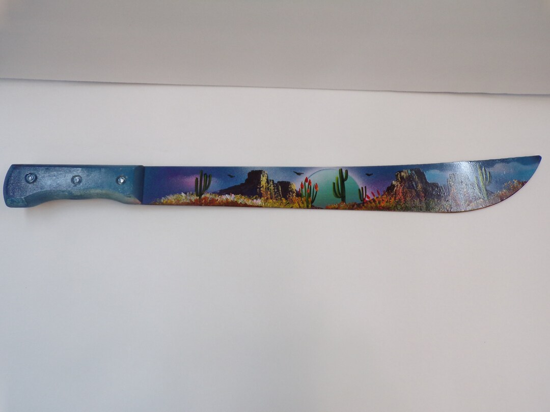 Awesome Desert Painted Scene Machete as Pictured With Mountains, Birds, & Cacti. FREE SHIPPING