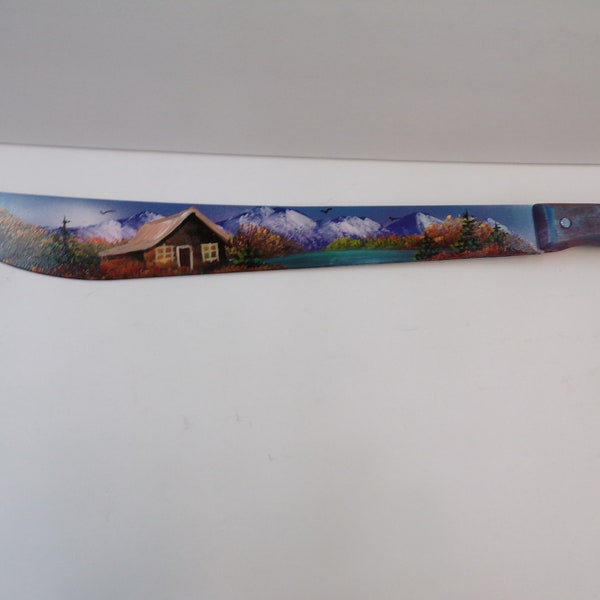 Awesome Cabin Painted Scene Machete As Pictured With Mountains,  Birds, & Trees.  FREE SHIPPING!