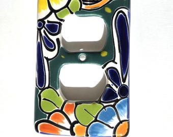 Handmade Talavera Double Outlet Cover – Mexican Ceramic Hand‑Painted 2‑Gang Wall Plate