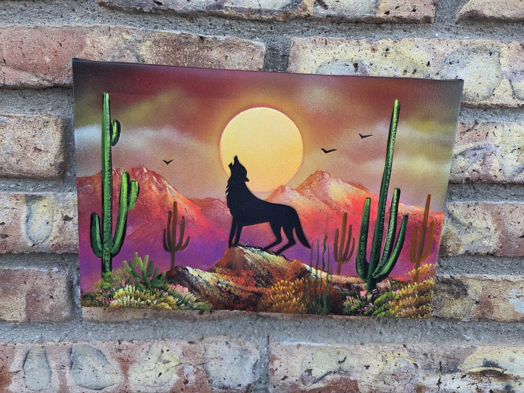 Original Artwork 12” Coyote Howling at Moon Western Painting – Saguaro ...