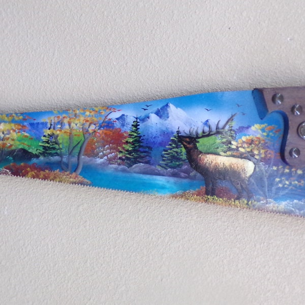 Awesome Hand Painted Carpenters Hand Saw With Elk, Mountains, Lake,Trees, & Birds.  FREE SHIPPING