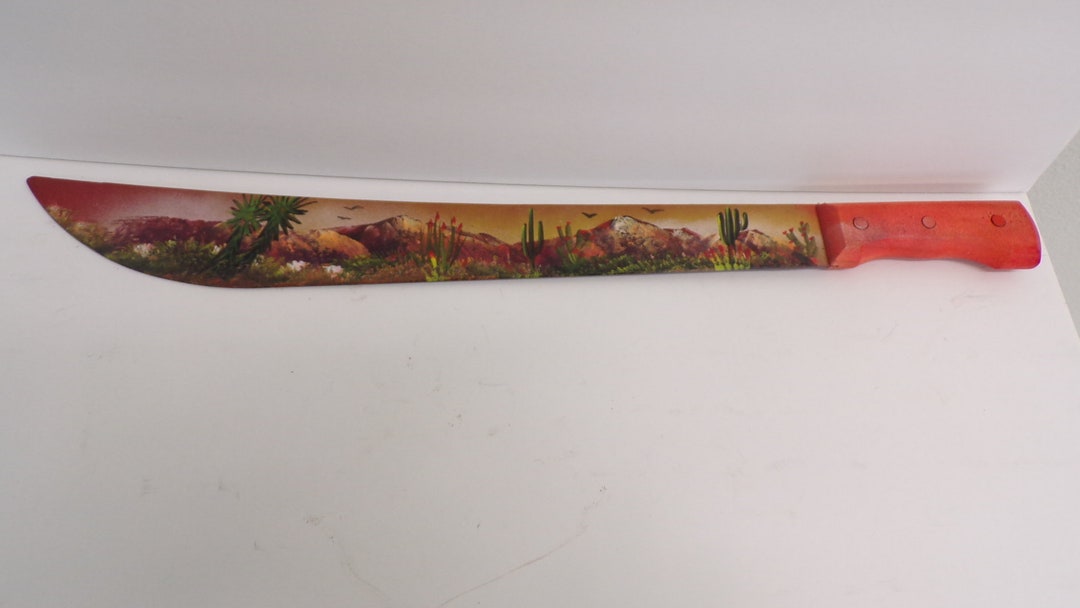 Awesome Hand Painted Machete With Western Desert Scene, Cactus, Mountains, Birds. FREE SHIPPING