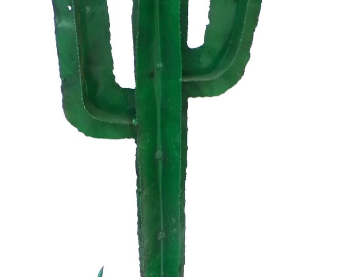 Featured listing image: Large 35" Tall Greenish Saguaro Cactus with Steer Skull Metal Yard Art, Handmade, Free Shipping.