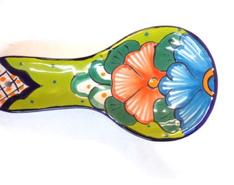 Larger 10" Talavera Spoon Rest – Handmade & Hand Painted Ceramic Pottery – Free Shipping