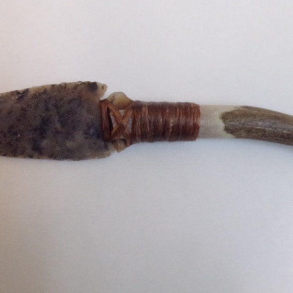 Unusual Awesome Hand Carved Knife Made Out Of Antler & Arrowhead. 7" Long.    FREE SHIPPING!