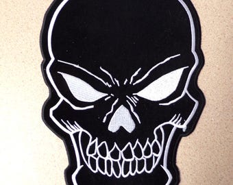 11" Black Skull Biker Patch – Iron On or Sew On – Free Shipping