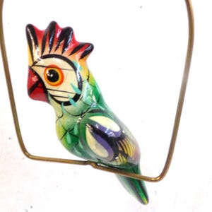 Beautiful 5&quot; Tall Hanging Parrot on Metal Perch. Handmade, Hand-Painted, Ceramic Pottery Bird Made by Mexico Artisan.  Free Shipping