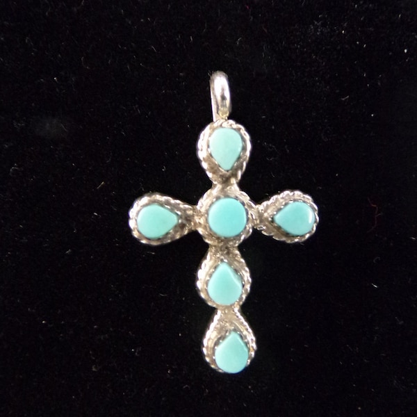 Sterling Silver Zuni 6 Turquoise Stone Cross, Authentic Native American Indian FREE SHIPPING