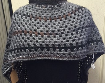 Gray hand made Boho Poncho, shawl, shrug