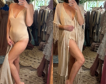 On sale two dress deal Ready to ship Love You net robe with nude bodysuit stretchy