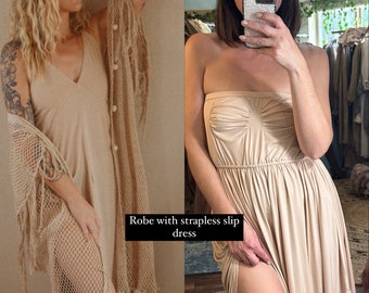 On sale two dress deal Ready to ship Love You net robe with nude slip dress
