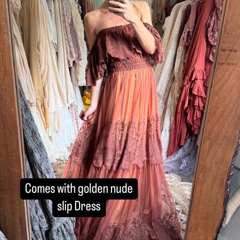 Reserved On sale Ready to ship show off those shoulders dress sheer rusty brown chiffon
