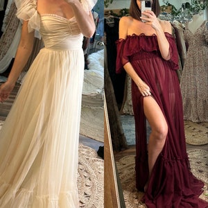 Ready to ship two dress deal show off those shoulders wine sheer chiffon with love bird ivory