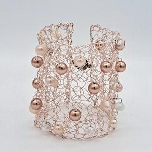 Beaded arm cuff, Rose Gold Swarovski Pearls Bracelet for women, Wedding jewelry Gift for Her anniversary Wire knitted bracelet