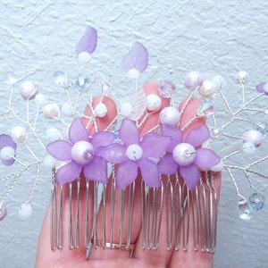 Beaded Hair Comb: Purple Acrylic Flowers, Freshwater Pearls, and Crystals