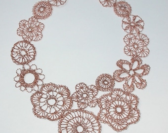 Assymetrical, crocheted  copper wire lace necklace