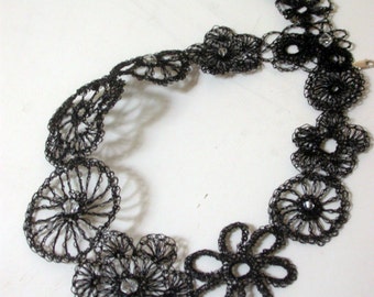 Crocheted  wire necklace black lace "Raven Wings", asymetrical, crochet wire metal