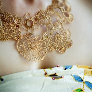 Asymmetrical, crocheted wire necklace, gold color, copper wire crochet  EXAMPLE