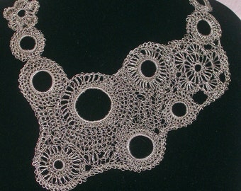 Asymmetrical, crocheted silver wire, lace necklace