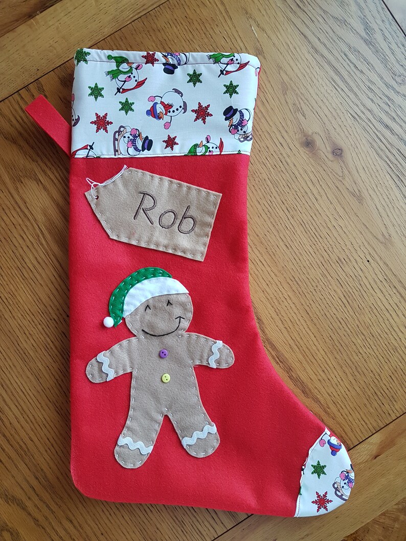 Personalised Christmas Stocking Handmade Red Gingerbread Man-with white snowman and Xmas stars